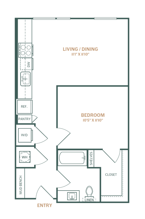 Floor plan for studio, 1 bath, 637 sqft